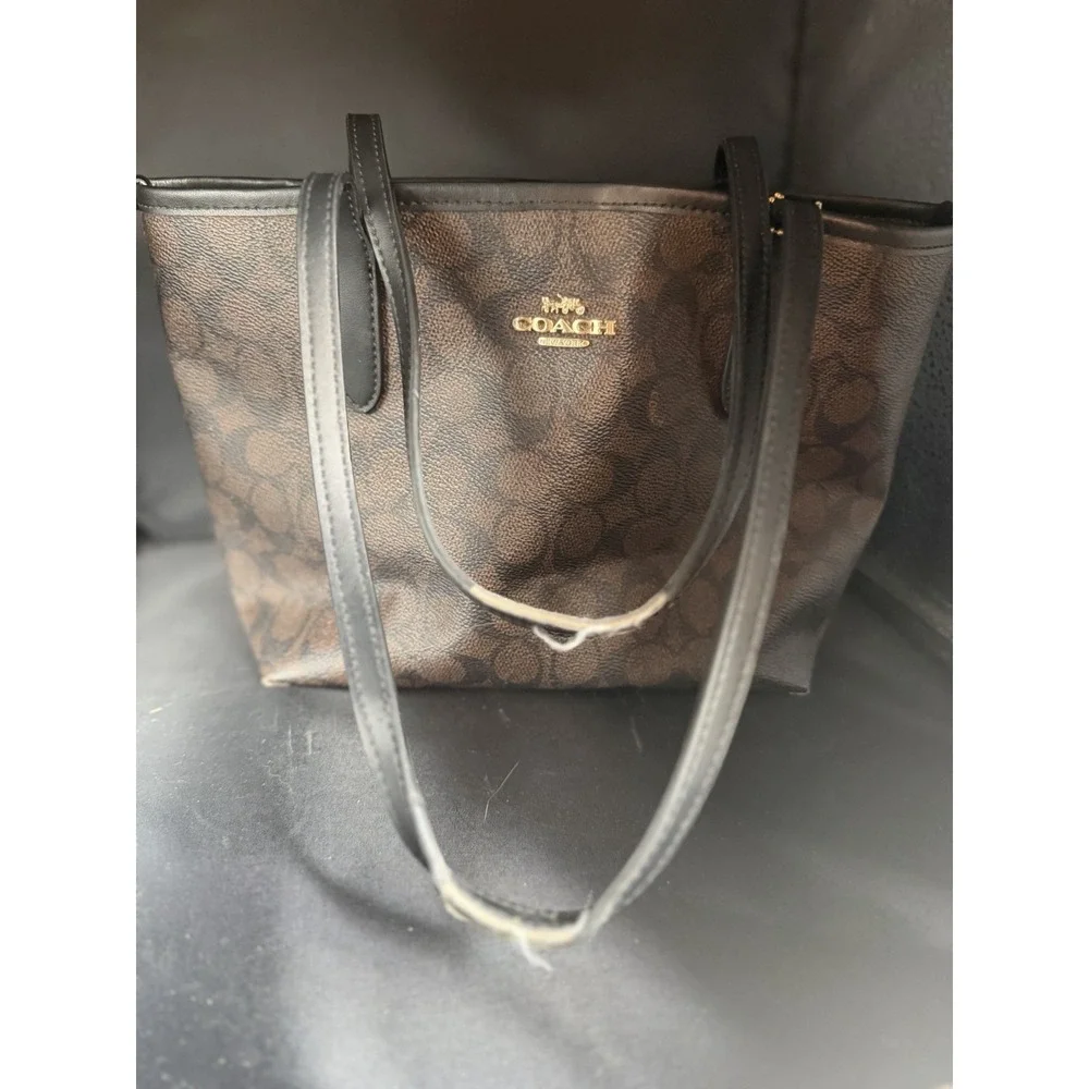 COACH Brown Logo Tote Bag Leather Strap Tag Womens Handbag Brown Black Trim
